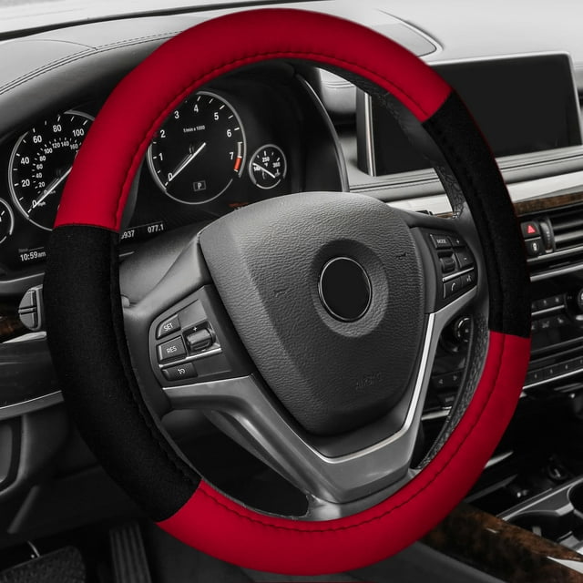 FH Group Cloth Steering Wheel Cover for Sedan, SUV, Van, Cloth Steering Wheel Cover, Red Black