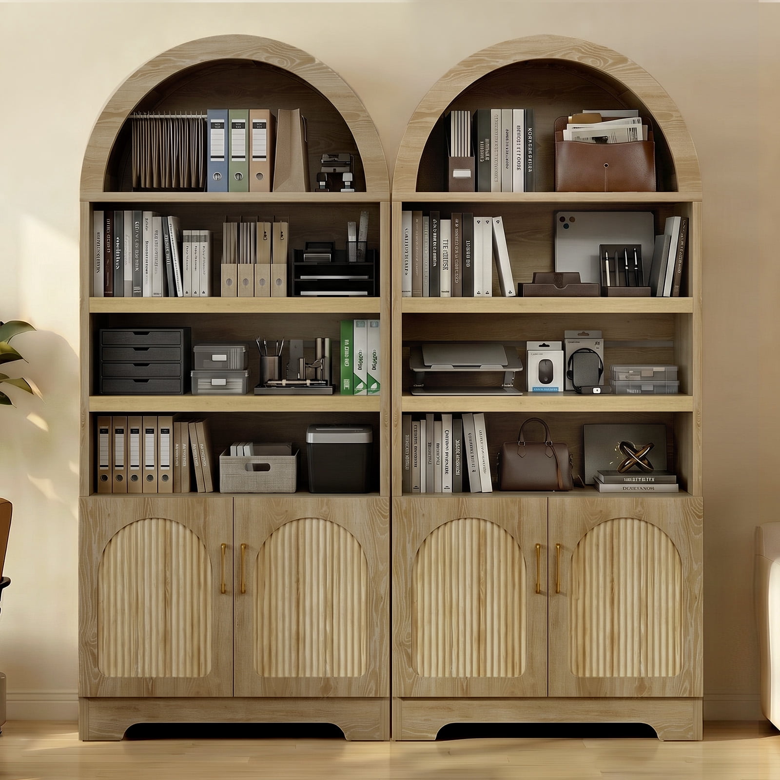 Bestier 4-Tier Arched Bookshelves with 3 Adjustable Shelves & 2 Doors, 71" Tall Kitchen Pantry Storage Cabinet, Display Shelf with Storage for Living Room Home Office, Oak