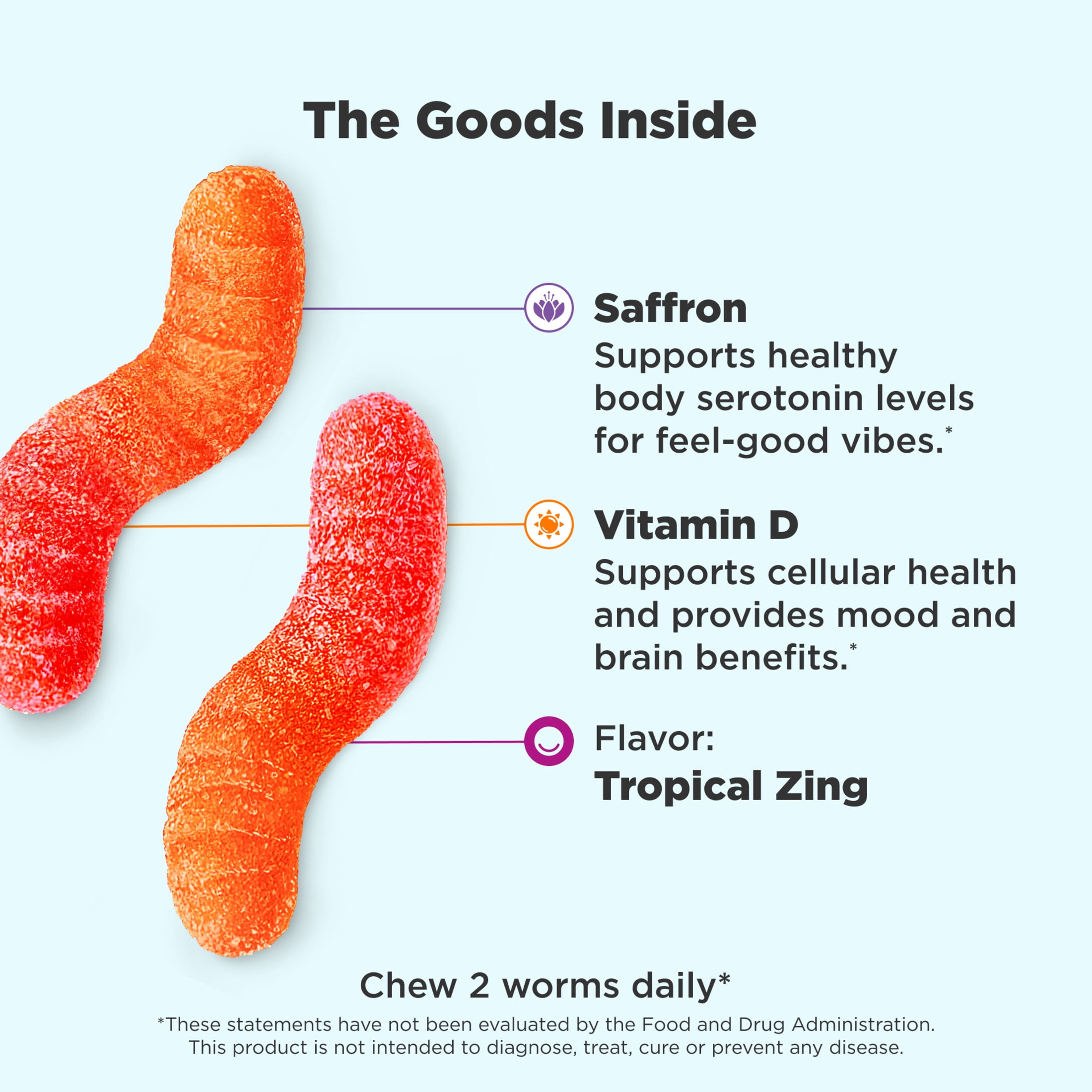 OLLY Hello Happy Gummy Worms, Saffron ExtraCount, Vitamin D, Tropical Zing Flavored, 60 Count