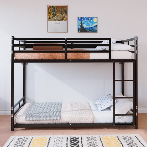 Leumius Metal Bunk Bed Twin Over Twin with Ladder and High Guardrail, Heavy-Duty Steel Slats Support for Kids Teens Adults/Dorm, Under-Bed Storage Space, Noise Free,Black