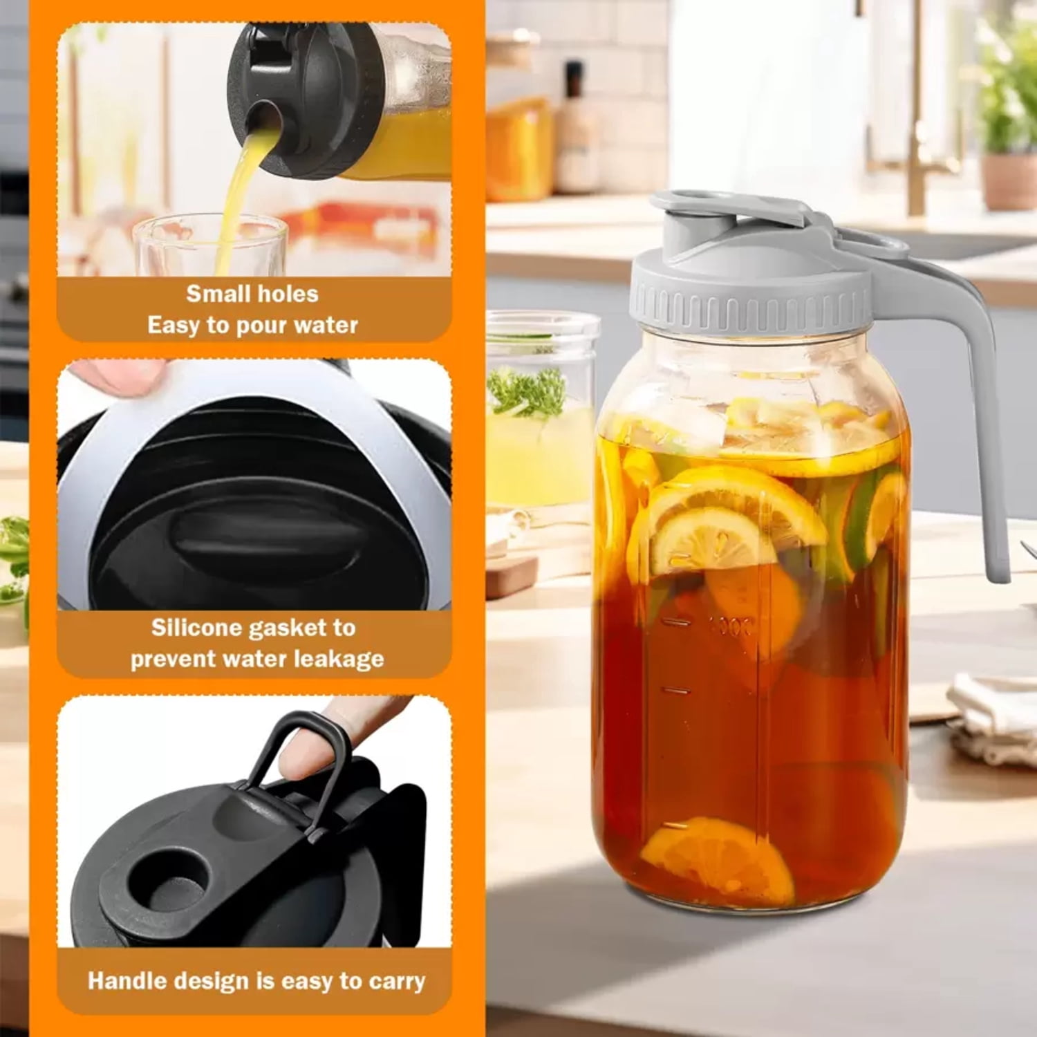 NTGFU 2 Pack 64 Oz Sun Tea Jar, Pitchers with Lid, Half Gallon Mason Jar Pitcher, Glass Pitchers with Lid, Sun Tea Pitcher for Ice Tea, Cold Brew Coffee, Breast Milk, Juices - Leak Proof