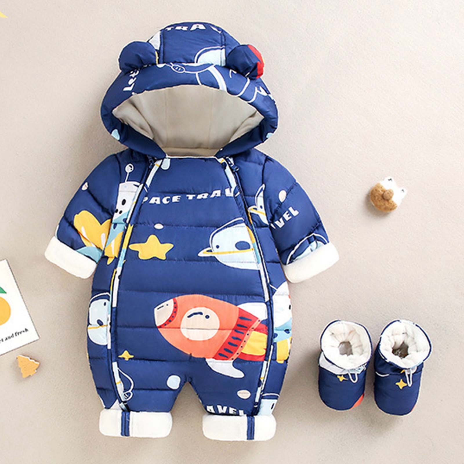 VNKIDY Boys Bodysuits Fall Winter Baby Space Cartoon Prints Thermal Onesie Long Sleeve Hooded Romper For Daily Wear Warm Styling Relaxed Fit Onesie