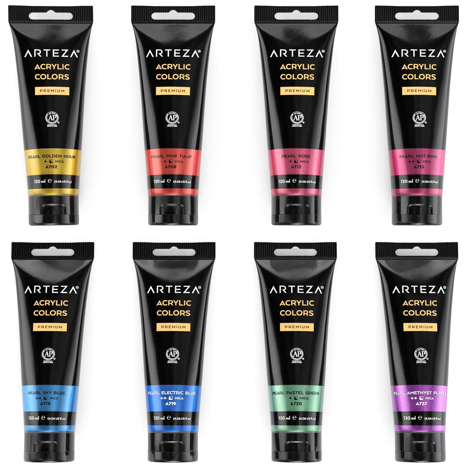 Arteza Acrylic Artist Paint, Metallic Finish, Multicolor, Set of 8, 4 fl oz