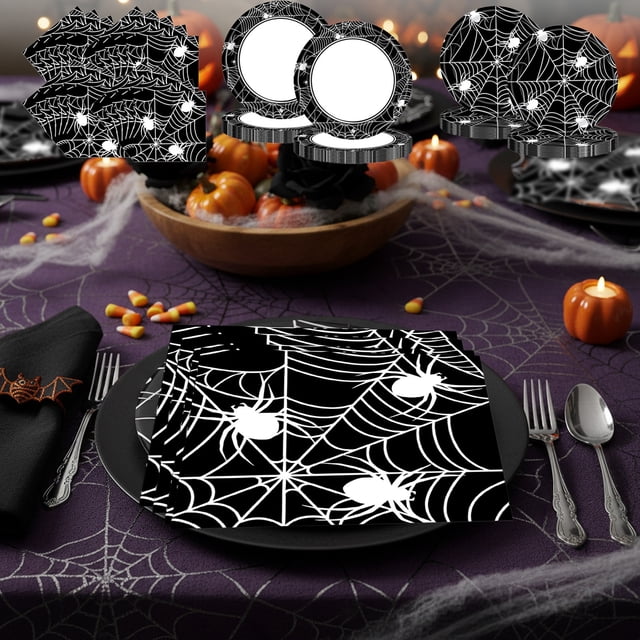 16 Platos de Papel para Halloween | Artículos Desechables para Fiestas de Halloween | Diseño de Telarañas y Arañas | Platos de 18X18 Cm | 106 G | Vajilla Festiva