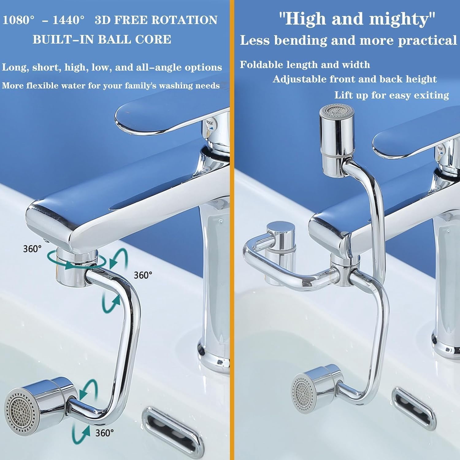 2026 Upgraded Universal Sink Faucet 1080° Rotating Faucet Extender with Upward Facial Mist, U Shaped Faucet Extender, 360° Faucet Aerator for Bathroom Kitchen, 4 Water Modes Adjustable (Silver)