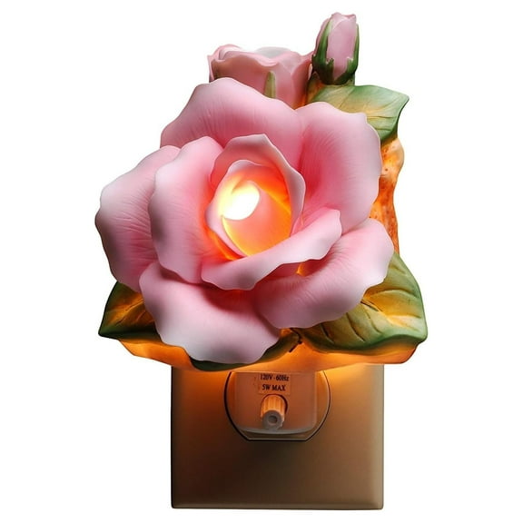 Fine Porcelain Pink Rose Plug-in Night Light Figurine, 5" H