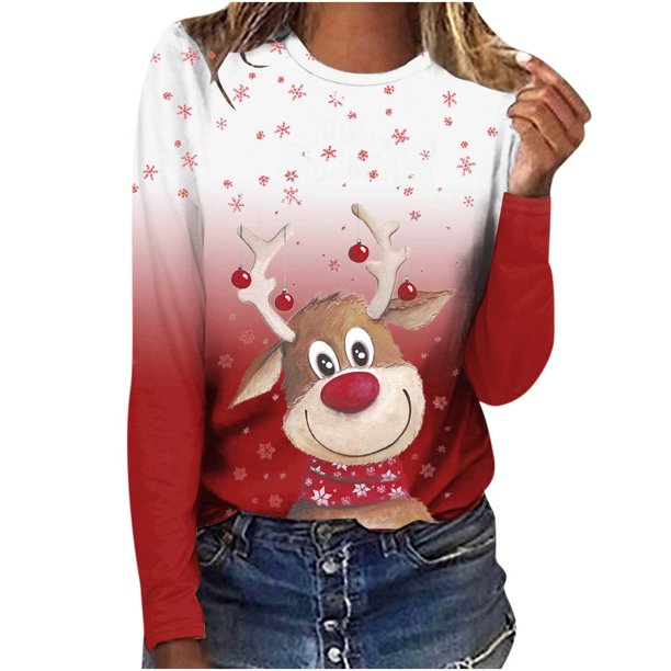 Camisas Navideñas Para Mujer Tops de Manga Larga Jersey de Cuello Redondo Informal Con Estampado de Ciervos en 3D Odeerbi ODB199891