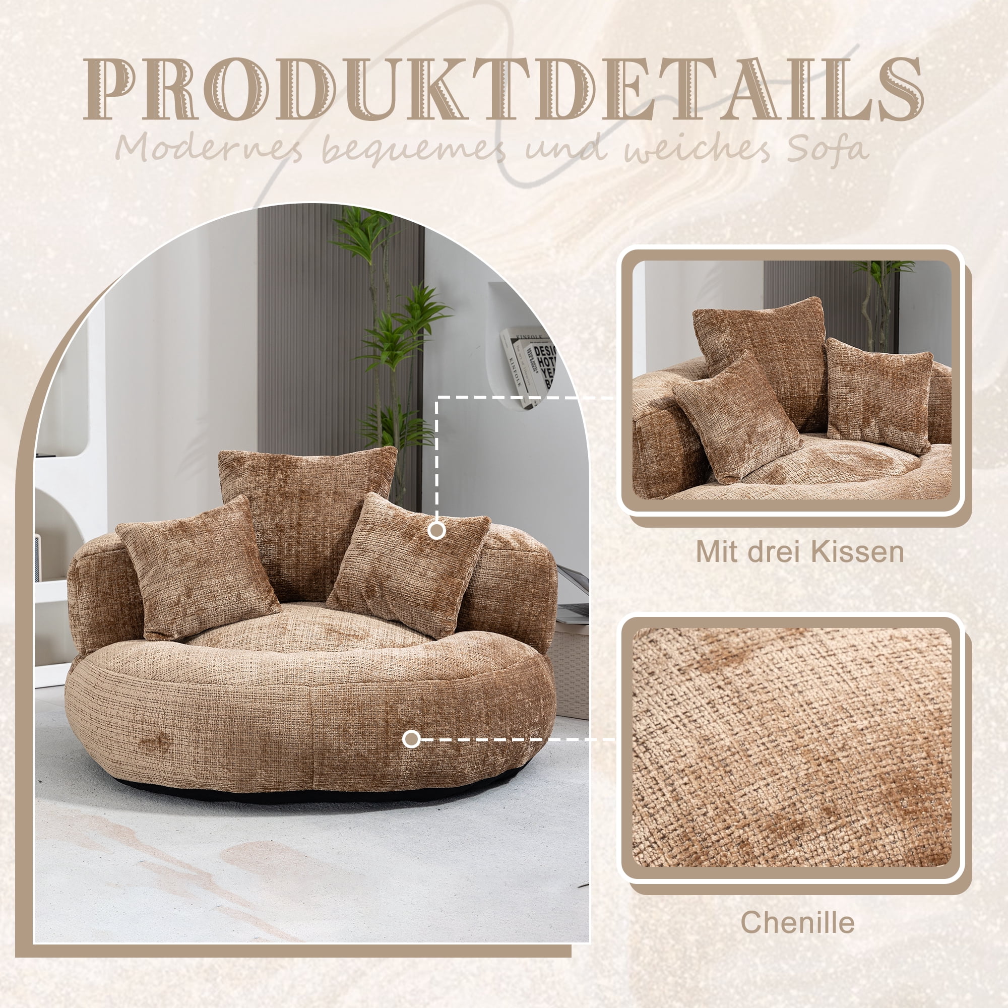 MOONMISS Chenille High Back Lazy Boy Sofa with Throw Pillows for Adults and Children, Indoor Outdoor, Caramel