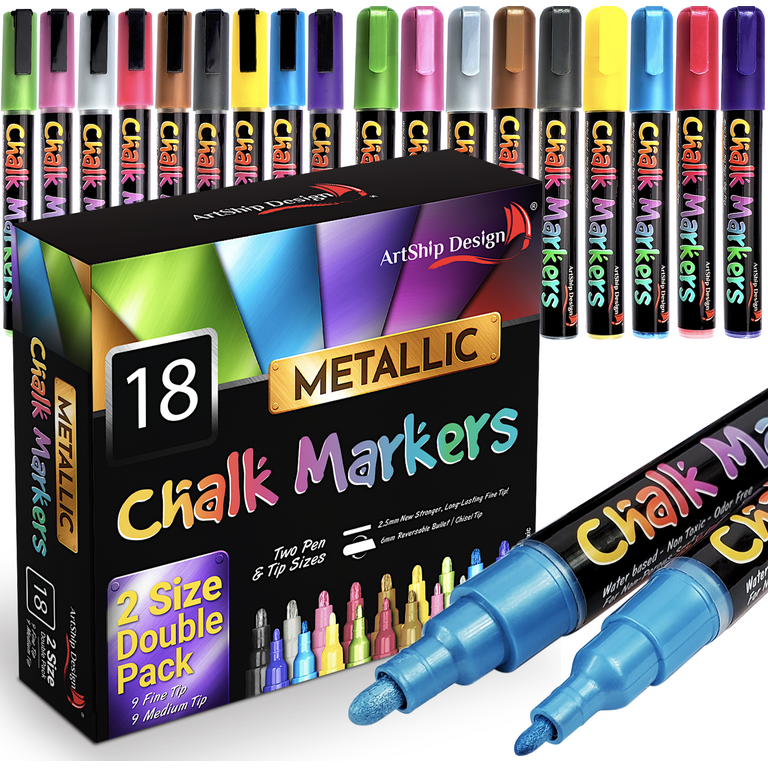 18 Metallic Chalk Markers - Double Pack of Fine and Medium Tip Wet  Eraseable Liquid Chalk Pens 