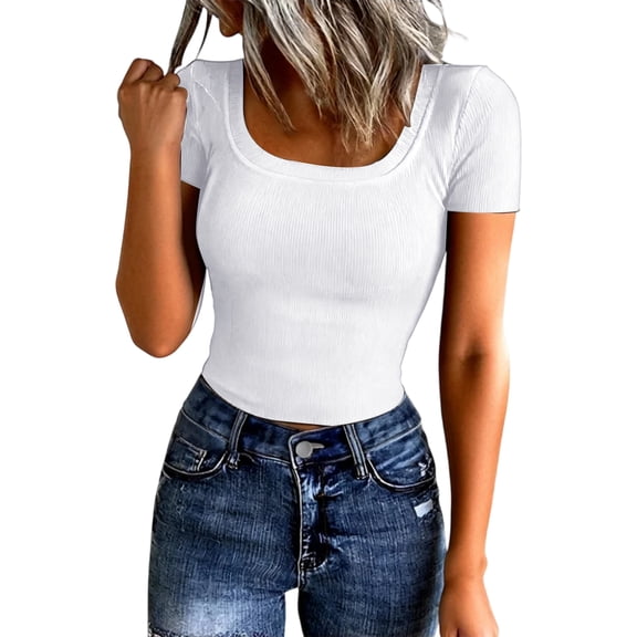Short Sleeve Shirts for Women Crop Scoop Neck Slim Fitted Basic Shirt Solid Oversized Ribbed Knit Casual T-Shirt White XL