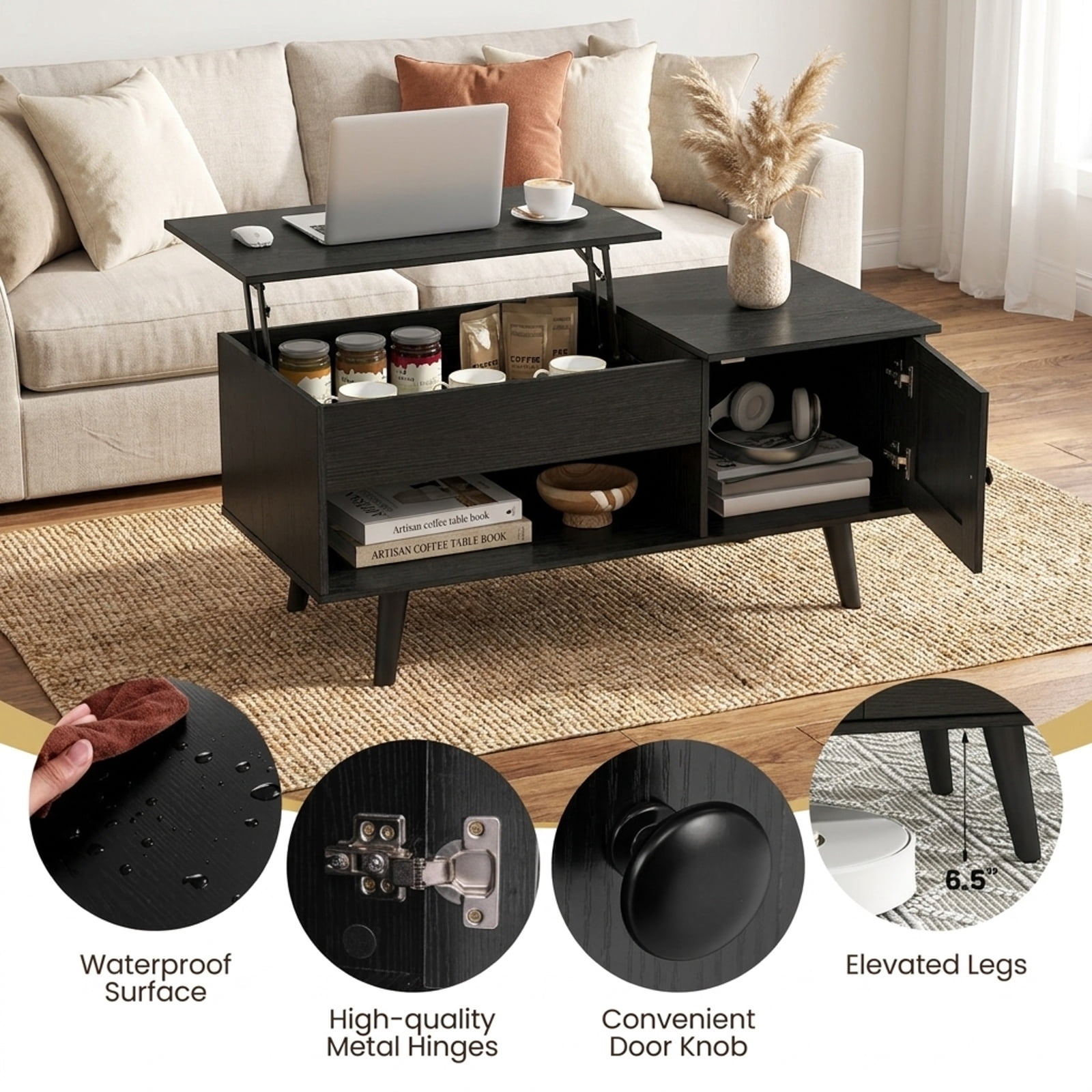 Furnibear Lift Top Coffee Table with Hidden Compartment Open Shelf and Storage Cabinet for Living Room and Home Office, Black