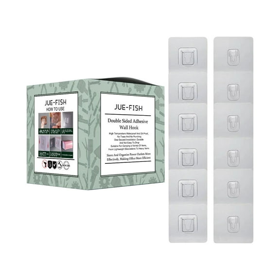 Double-Sided Wall Hooks | No Drill Adhesive Mounting | Heavy Duty PVC Sticky Hooks for Bathroom Kitchen | 6 Pairs (12 Pieces)