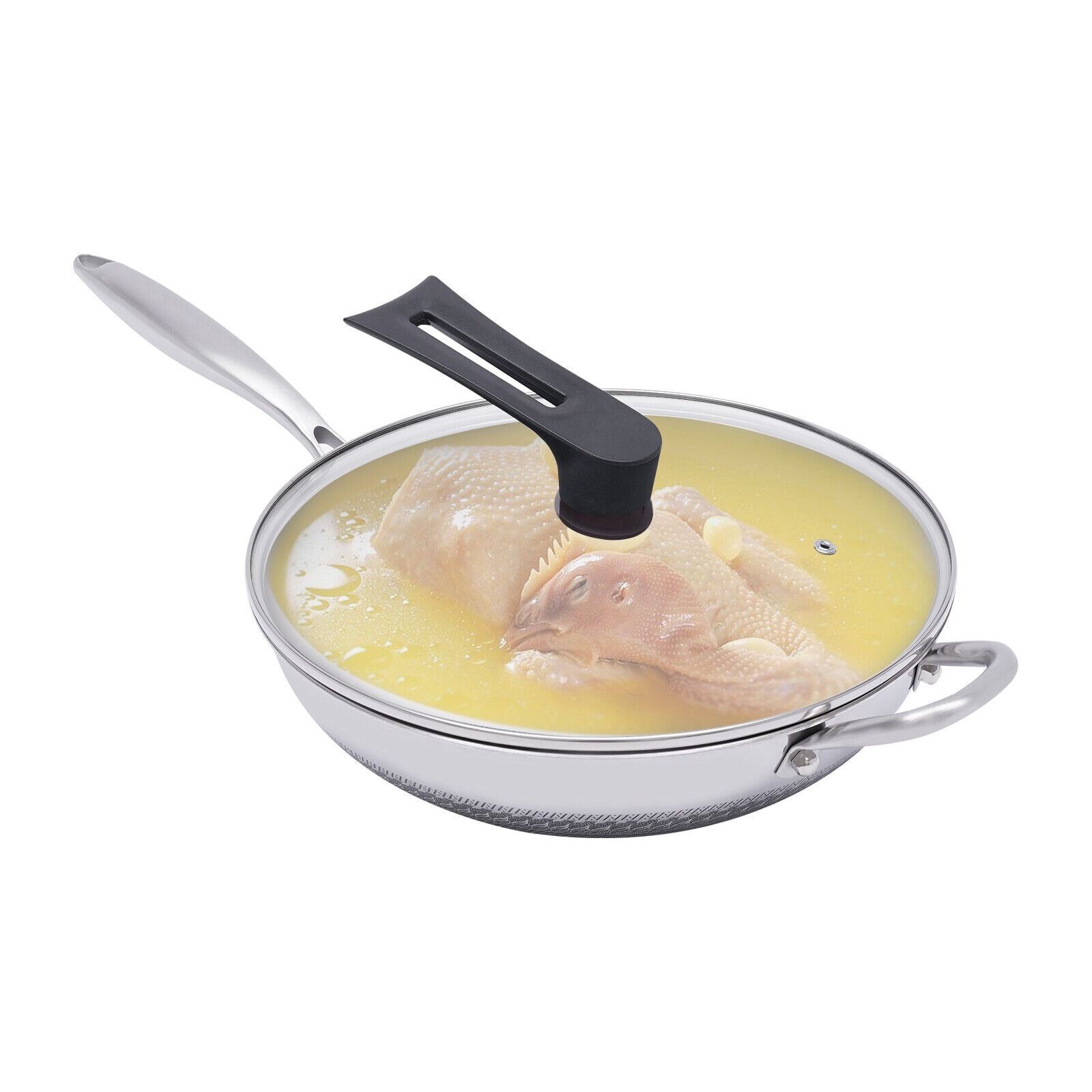 Silver Non Stick Double Sided Honeycomb Cooking Frying Wok Pan with Lid Stainless Steel for Electric Stoves
