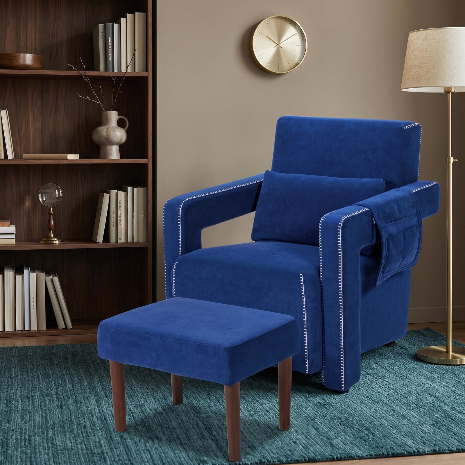 Furnibear Modern Berber Fleece Accent Chair with Ottoman and Waist Pillow, Upholstered Single Sofa Chair with Side Storage Bag for Living Room Bedroom Reception, Blue