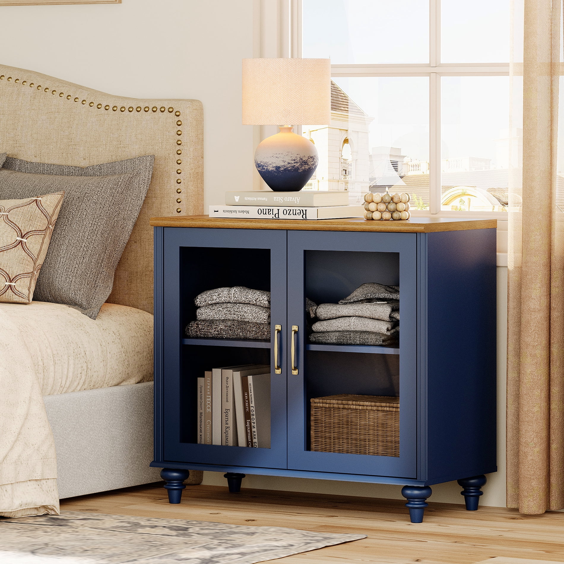 End Table with Glass Doors, Nightstand with Ample Storage, Side Table with for Bedroom, Navy Blue, 2PCS