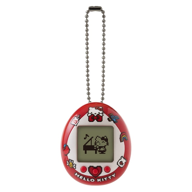toy tamagotchi nano hello kitty favorite things con pilas multicolor tamagotchi en forma de huevo con pantalla LCD que muestra un personaje pixelado; carcasa roja decorada con íconos de tarta, leche y arcoíris, tres botones frontales y cadena de bolitas para colgar; mascota virtual portátil, pilas (2 x LR44) incluidas, recomendado para mayores de 8 años.