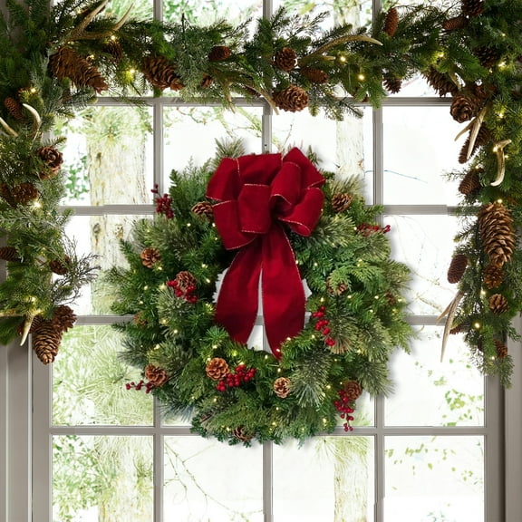 20.47in Pre-Lit Artificial Christmas Wreaths,3D Rattan Christmas Decorative Wreath With Red Bow, Cones, Red Berries, LED Lights For Christmas Decor for Door Hanging and Scenes