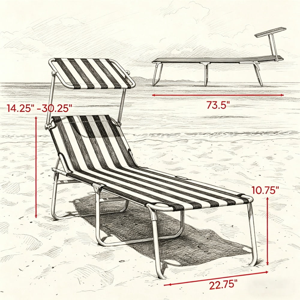 Outdoor Folding Chaise Lounge with Detachable Adjustable Awning, 4-Position Reclining Backrest, Metal Frame Oxford Cloth Sun Lounger, Lightweight Portable for Patio Garden Poolside Beach