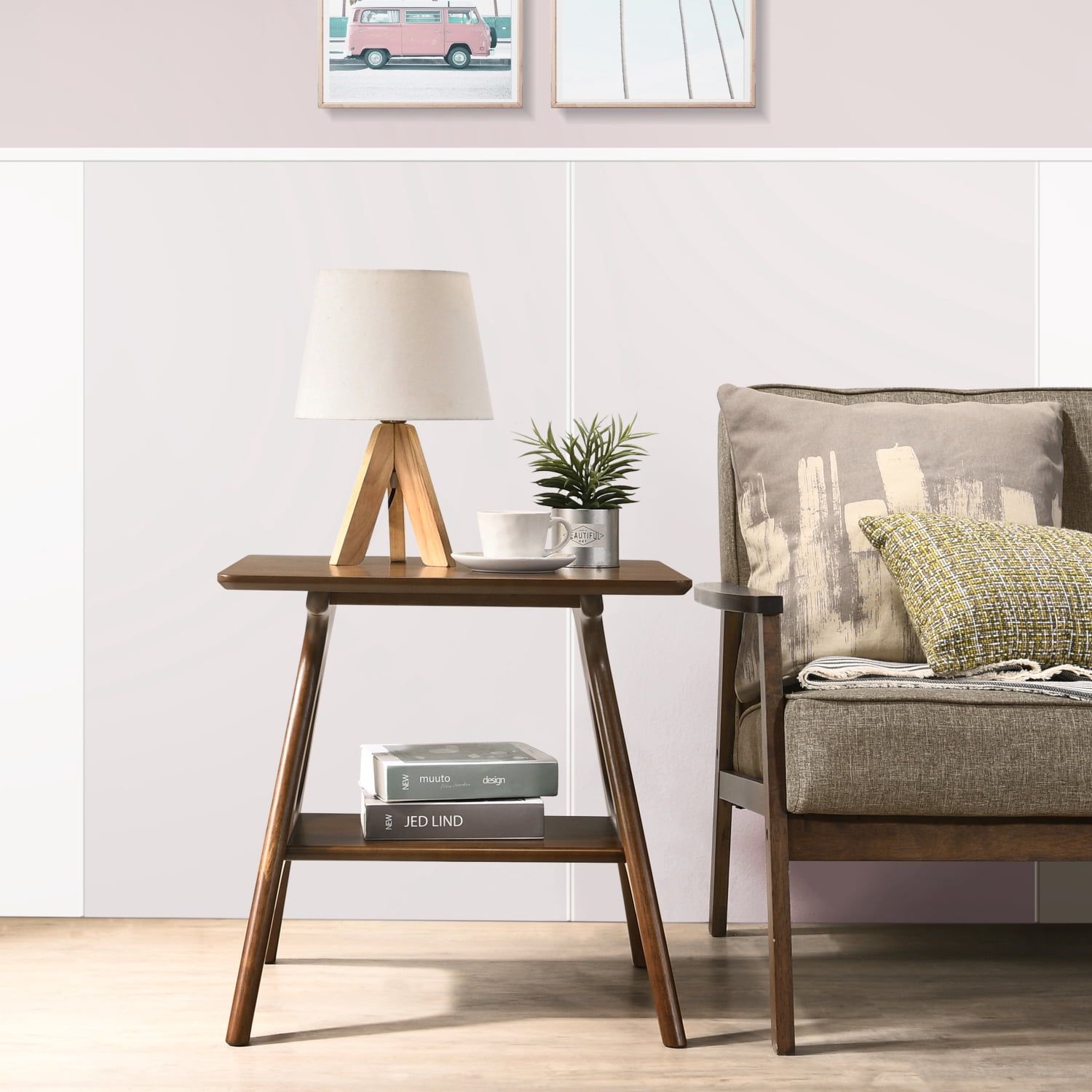 Arona Mid-Century Modern Wood End Table with Shelf Storage Accent Table for Living Room, Bedroom, Walnut Finish