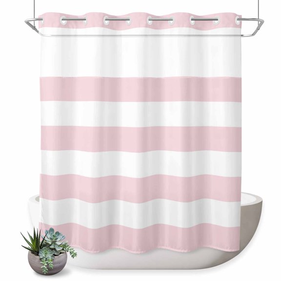 No Hook Shower Curtain, Pink White Stripes Shower Curtains for Bathroom with See Through Top Window, Geometric Horizon Lines Modern Simple Art Waterproof & Washable Bath Curtain Long 72"x78"