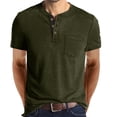 thumbnail image 2 of Mens Chest Pocket Shirt Short Sleeve Henley Collar Shirt Solid Color Cotton Button Front Classic Fit Regular Casual Tee, #02 Army Green, XXL, 2 of 5