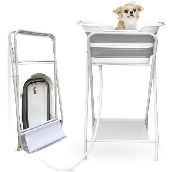 2-in-1 Dog Bathtub & Washing Station, Elevated Collapsible Bathtub with Drainhole & Storage Rack, Foldable Portable Indoor/Outdoor Pet Bathing & Grooming for Small Dogs Cats