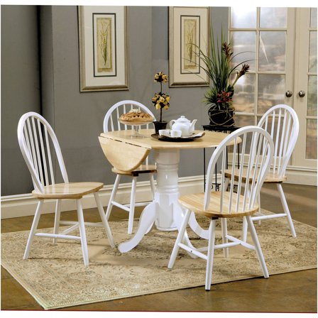 JERFIT 5-Piece Farmhouse Dining Set with Drop Leaf Table and 4 Chairs, White and Natural Wood Finish for Kitchen and Dining Room