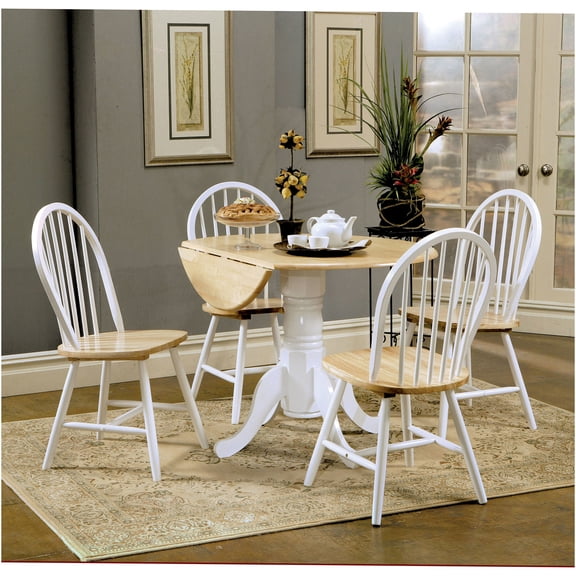 JERFIT 5-Piece Farmhouse Dining Set with Drop Leaf Table and 4 Chairs, White and Natural Wood Finish for Kitchen and Dining Room