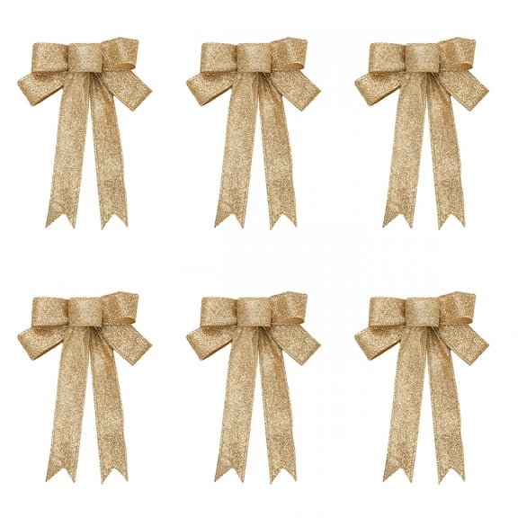 Florenta 6 Pack Gold Glitter Christmas Bows Large Waterproof Premade Holiday Decorative Bows for Wreath Garland Christmas Tree Topper Outdoor Outside Decorations 9 x 9 Inches