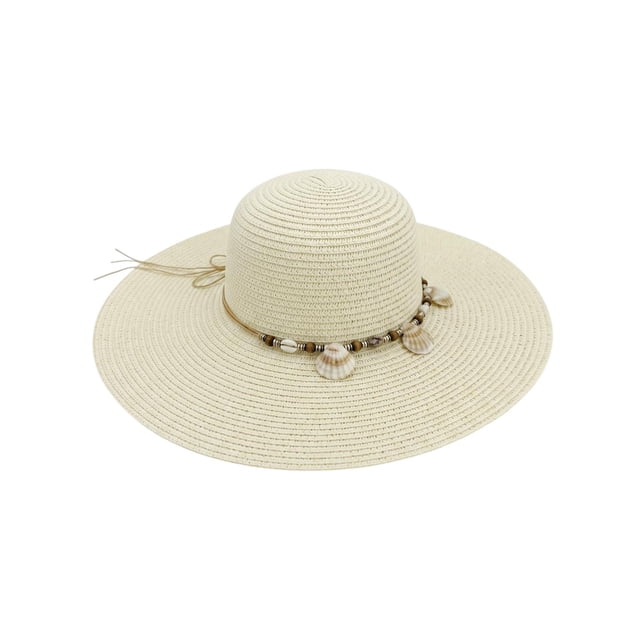 Sombrero de Playa Con Conchitas Para Mujer Ala Ancha 42 cm crema 42 cm