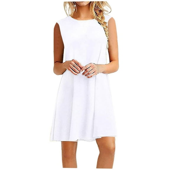 EINCcm Women's Dresses, Casual Loose Summer O Neck Sleeveless Solid Color Pure White Dresses Tunic Beach T-shirt Tank Flowy Dresses Sundress Spring Summer Dresses for Women