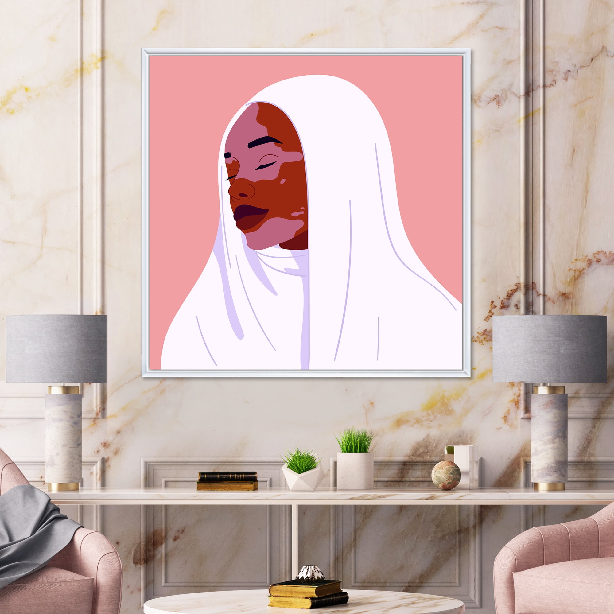 Designart 'Beautiful Abstract Smiling Afro African Woman With VItiligo' Moroccan Framed Canvas Wall Art Print
