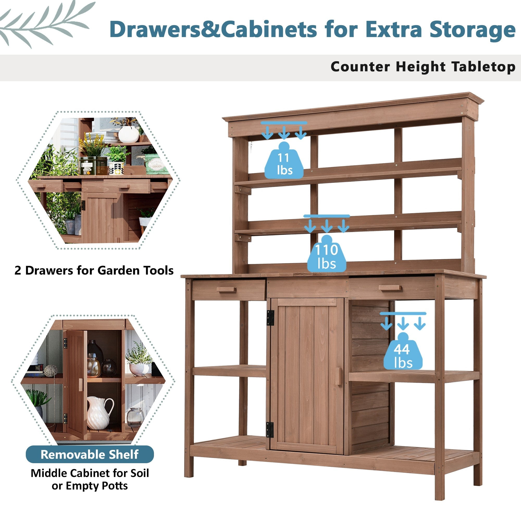 Sailvan 66 inch Farmhouse Wooden Potting Bench Table,Outdoor Garden Workstation with Storage Cabinet and Drawers for Patio Kitchen Island Brown