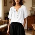 thumbnail image 4 of Lenpel Womens Dressy Casual Blouses V Neck Balloon 3/4 Length Sleeve Tops Fashion Button Front Loose Fit Shirts, 4 of 6