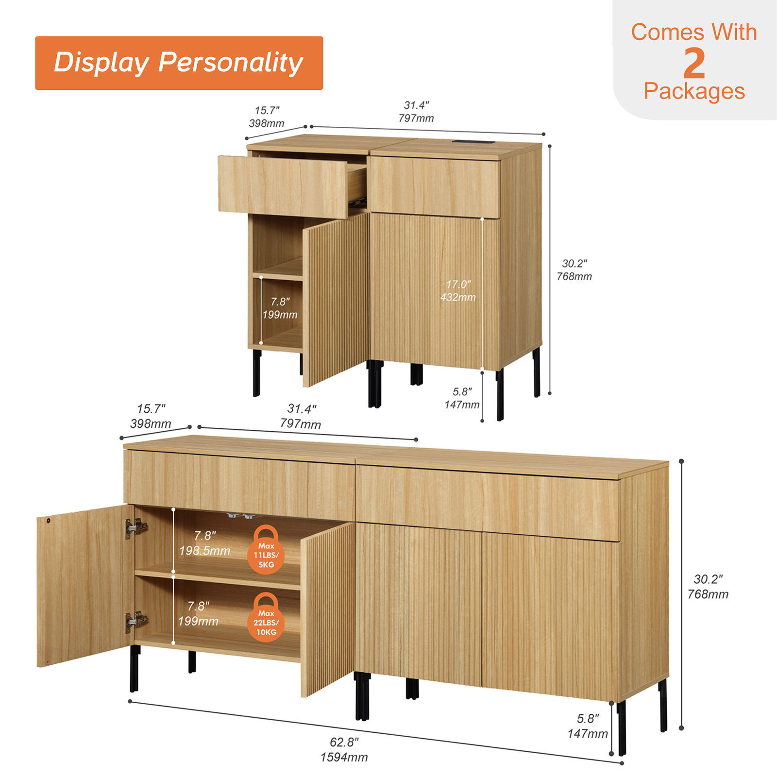 4 Pcs Bedroom Set，Reeded Dresser and Nightstand Sets for Bedroom, Wooden Dresser Set with Doors, Night Stand of 2 with Charging Station