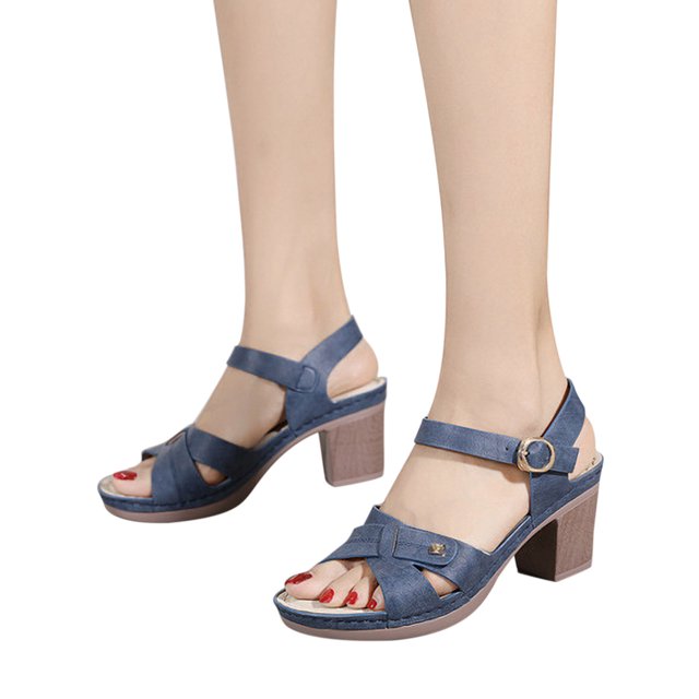 WIZUTIZ Sandales à Talon Bloc pour Femmes Sandales de Randonnée Femmes Confortables Tendance Sandales de Plage Extensibles Chaussures à Bout Rond à Boucle Talon Plat (O"-1) Sandales Moyennes Unies Économies d'Été Bleu