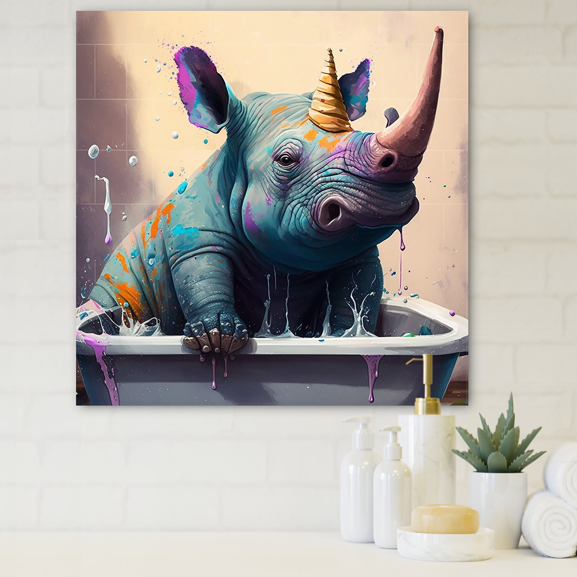 Designart Silly Rhino Enjoying Bath Time II Canvas Wall Art