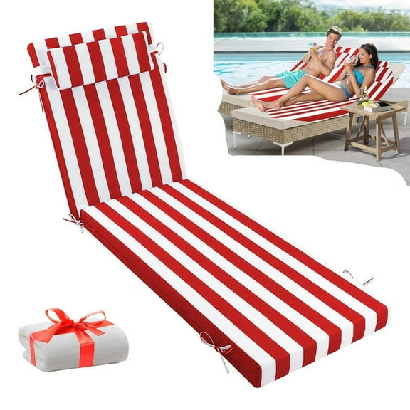 Outdoor Lounge Chair Cushions, 72×21×3in High-Density Foam Chair Cushion with Ties and Pillow, Anti-fading Patio Chaise Lounge Cushions for Pool & Beach(1pc, Red white stripes)