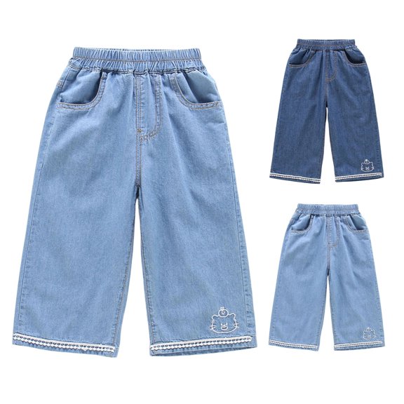 MuXiKeJi Clothes Jeans Baggy Lace Soft Straight Wide Leg Denim Pants Lightweight Fashion Summer Casual Bottoms Girls Denim Pants