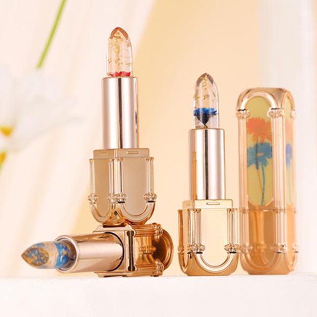 Lápiz labial que cambia de color | Huayang Jelly Floral Lip Color - Bálsamo Gloss Hidratante de Larga Duración | Estuche único decorado en oro | Sombra adaptable a la temperatura |