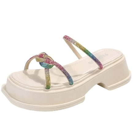 

Jsezml Platform Sandals for Women Glitter Colorful Rhinestone Straps Slides Sandals Party Wedding Fashion Dress Slippers