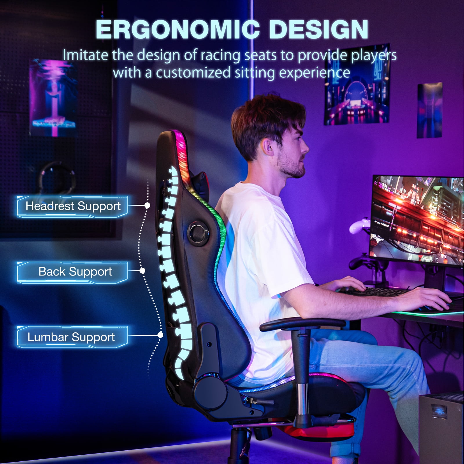 Hoffree Gaming Chair with Speakers Gamer Chair with Footrest and Massage Reclining Video Game Chair with Led Lights and Swivel Seat and Headrest and 2D Armrests for Adults