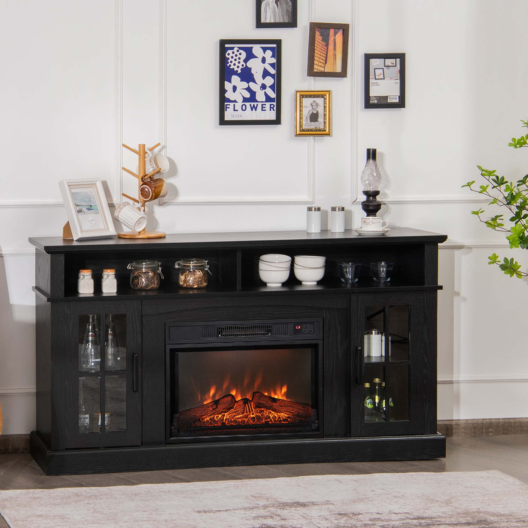 Costway 58'' Fireplace TV Stand W/ 1400W Electric Fireplace for TVs up to 65 Inches Black