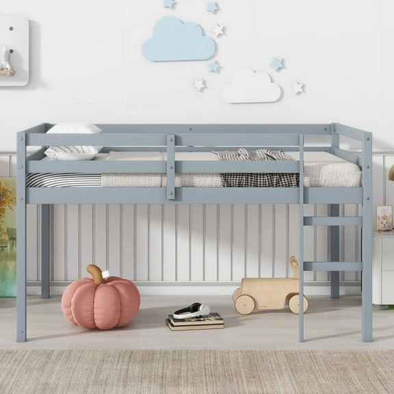 Solid Wooden, Rubber Wooden Twin Loft Bed with Ladder, Bed Platform of Strengthened Slats , Grey