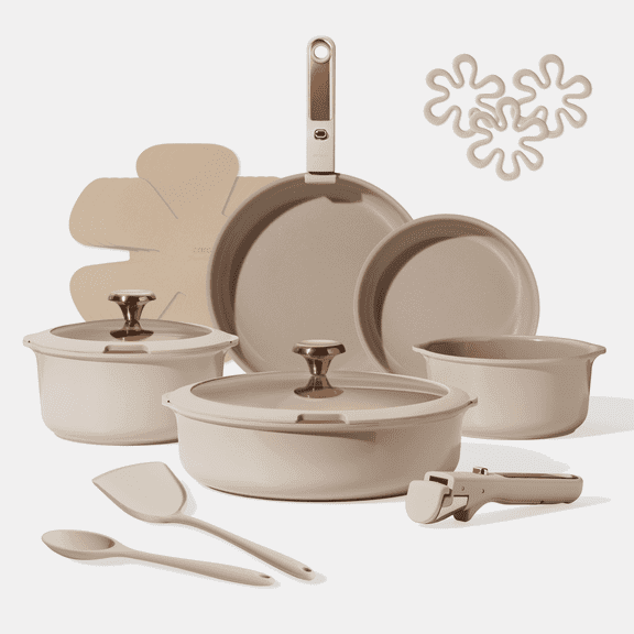Carote 18 Pcs Ceramic Cookware Sets, Nonstick Pots and Pans with Detachable Handles, Oven Safe, Induction Cookware, Stackable Kitchen Set, Taupe
