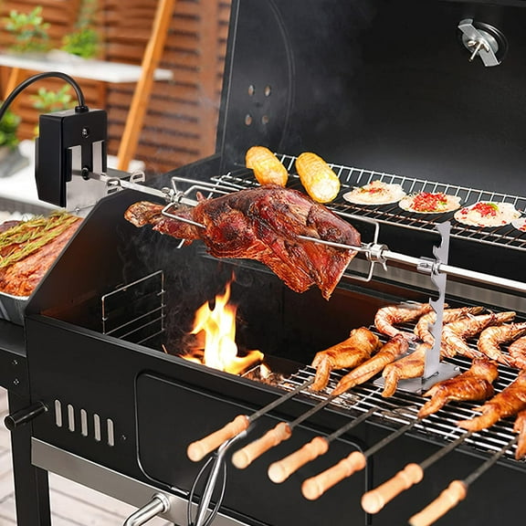 Universal Rotisserie Grill Kit,  Certification Automatic Rotating Rotisserie with 120V 4W Motor, 28'' Spit Rod, 2 x 4 Forks, Complete Holders and Fixing Screw for Backyard Camping Grills