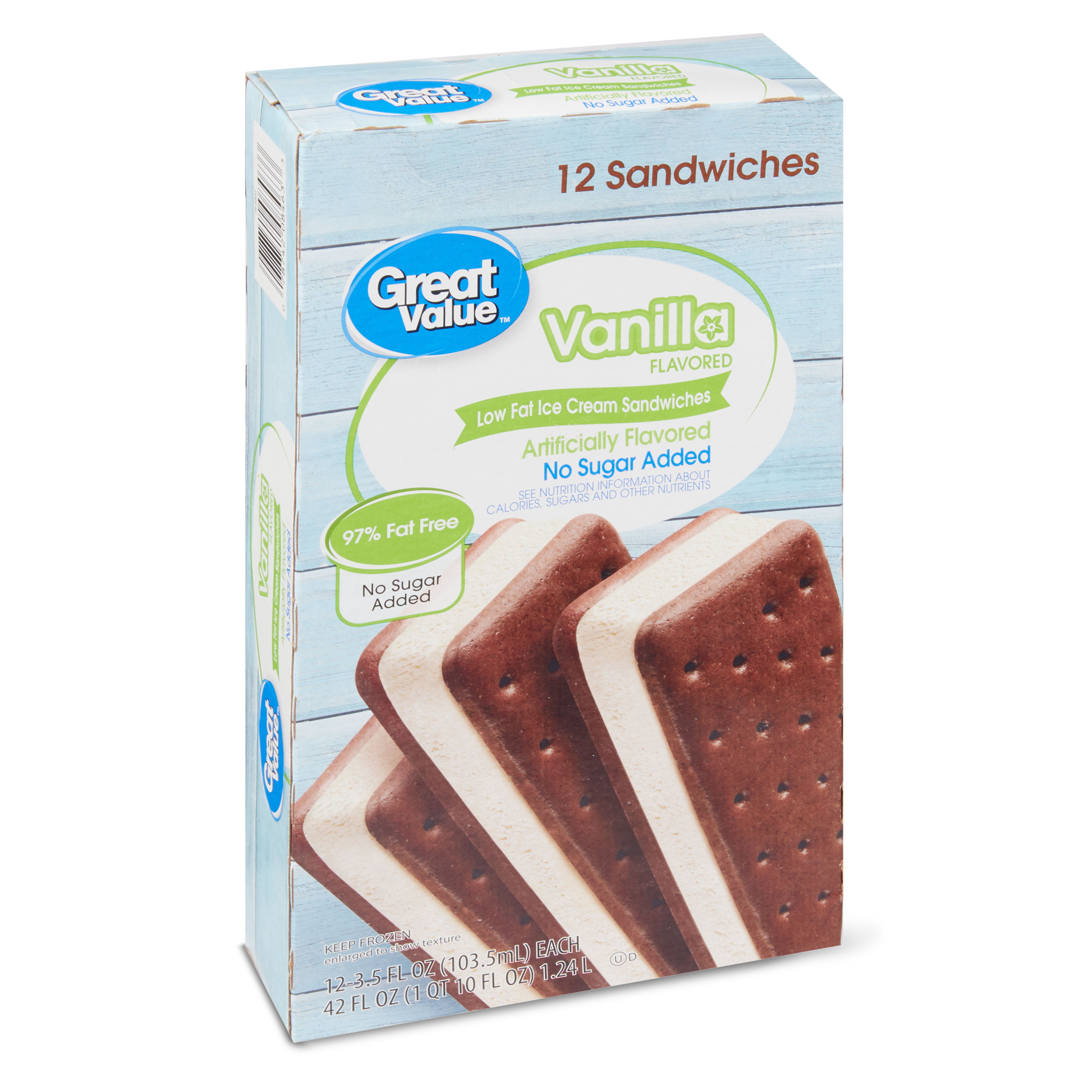 Great Value Vanilla Flavored Low Fat Ice Cream Sandwiches 42 Oz 12 Count Walmart Com Walmart Com