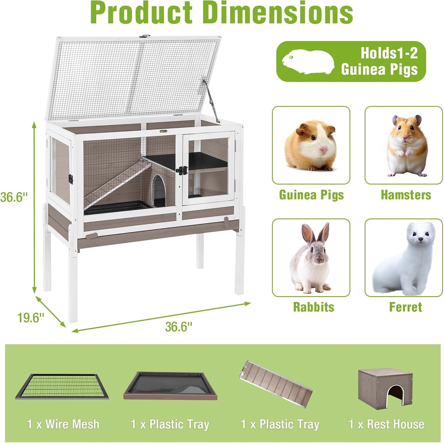 Aivituvin Indoor Rabbit Hutch Guinea Pig Cages with Chew-Proof Ramp, 2-Story Wooden Bunny House with Pull-Out Tray & Leakproof PVC Layer, Small Animal Cage with Detachable Legs