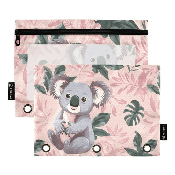 Likable Koala and Leaf 2 Pack Pencil Pouch for 3 Ring Binder Smooth Zipper Folders with Pockets Clear Window Pencil Case
