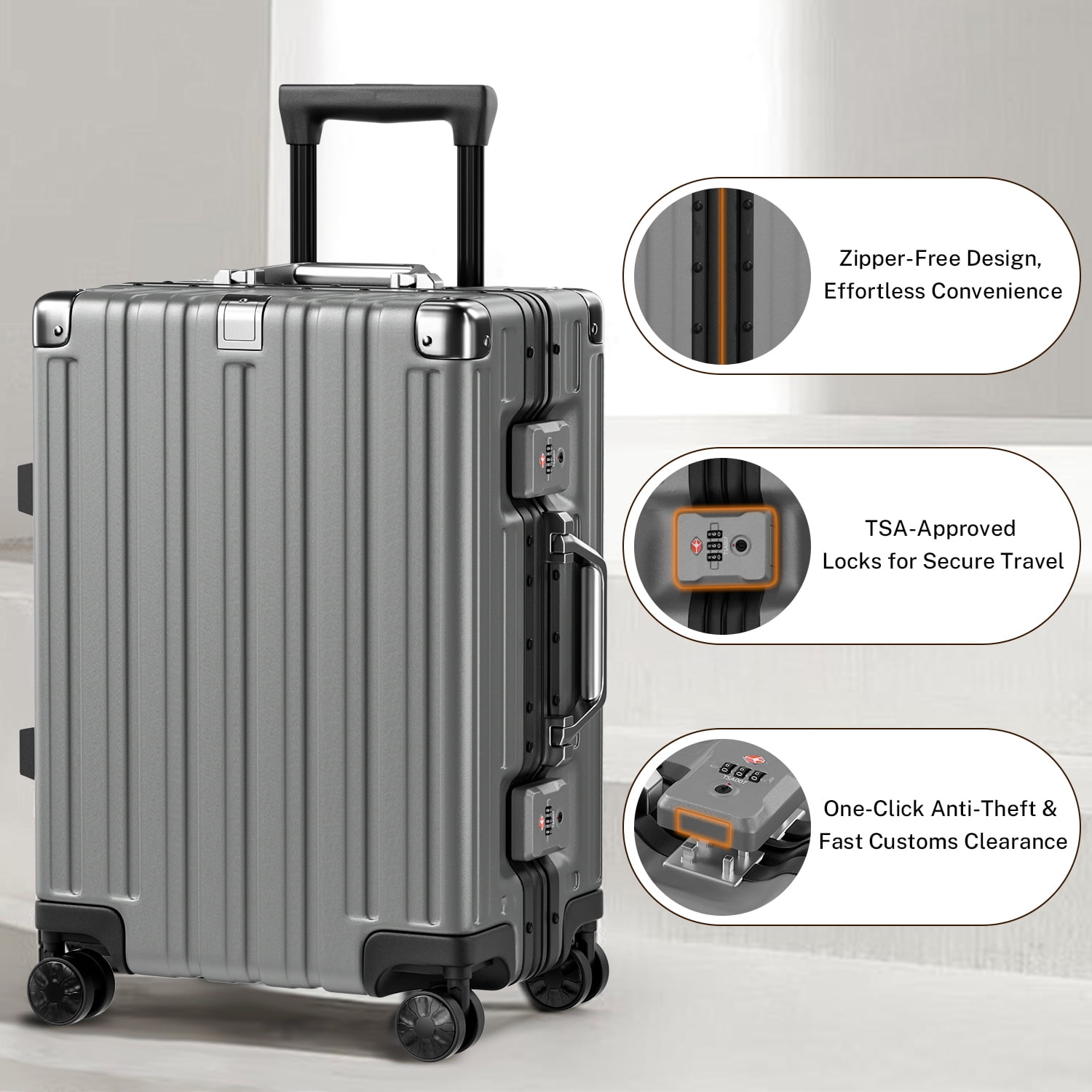 Checked Luggage Aluminum Frame Suitcase with Wheels PC ABS Hardside Zipperless with TSA Lock 24 Inch Gray
